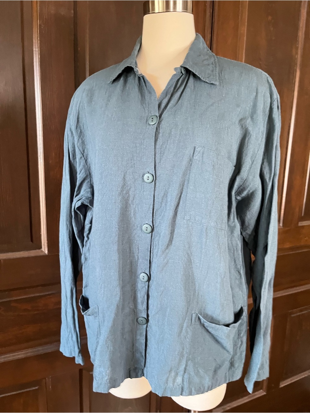 Mooshop Erica Handmade Linen Shirt Ocean Green Button Front Pockets Women's L